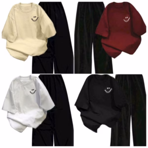 Tổng Hợp Sét Bộ Quần Cạp Chun+ Mix Áo Phông Form Rộng Tay Lỡ-In Hình Mặt Cười Ở Ngực