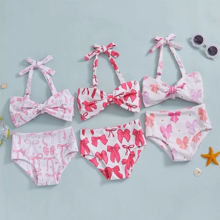 Set Bộ Đồ Bơi 2 Mảnh Bikini Họa Tiết Nơ Hồng Cho Bé Gái 1-5 Tuổi Từ 8-20.5Kg Dành Cho Bé Gái