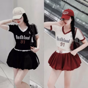 Set Croptop Cổ Tim Kèm Quần Bí Phồng Sọc 2 Bên - Lê Phương Boutique