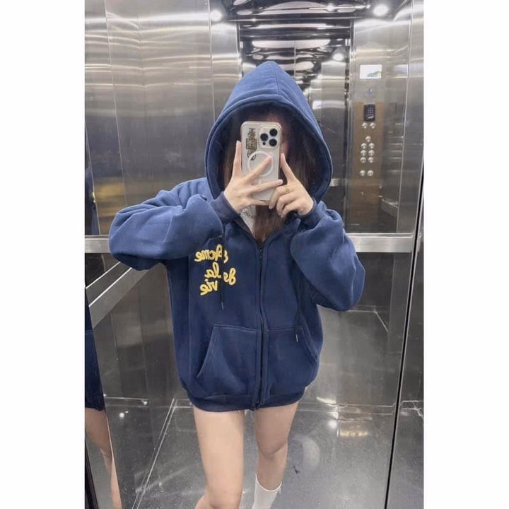 Áo Khoác Nỉ Nam Nữ Form Rộng Có Nón In Chữ Ở Ngực Và Sau Áo - Htm Fashion - Ảnh 4