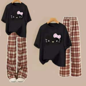 Tổng Hợp Set Bộ Quần Ống Suông Cạp Chun+Mix Áo Phông Form Rộng Tray Lỡ Chất Cotton-Hình Mèo Đơn Giản Màu Đen