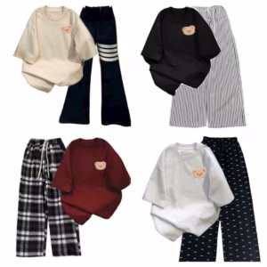 Tổng Hợp Set Bộ Quần Ống Rộng + Áo Phông Form Rộng Tay Lỡ Chất Cotton In Gấu Dâu Nhiều Màu Sắc