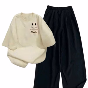 Tổng Hợp Set Bộ Quần Chun+ Áo Phông Form Rộng Tay Lỡ-In Hình Mặt Cười Smile 4 Màu