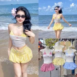 Set Bikini Đi Biển 3 Món Áo Quây Bra Phối Quần Đùi Bí Xếp Li Kẻ Caro Siêu Xinh Mẫu Mới Tp