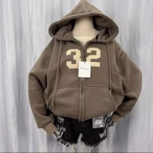 [T95] Áo Khoác Nỉ Dệt Nữ Thêu Số 32 Form Rộng , Dáng Boxy Lửng , Có Túi Trong Tay Xỏ Ngón Siêu Dày Dặn