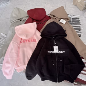 Áo Khoác Hoodie Có Nón Thiết Kế Khóa Kéo In Chữ Think About - Htm Fashion