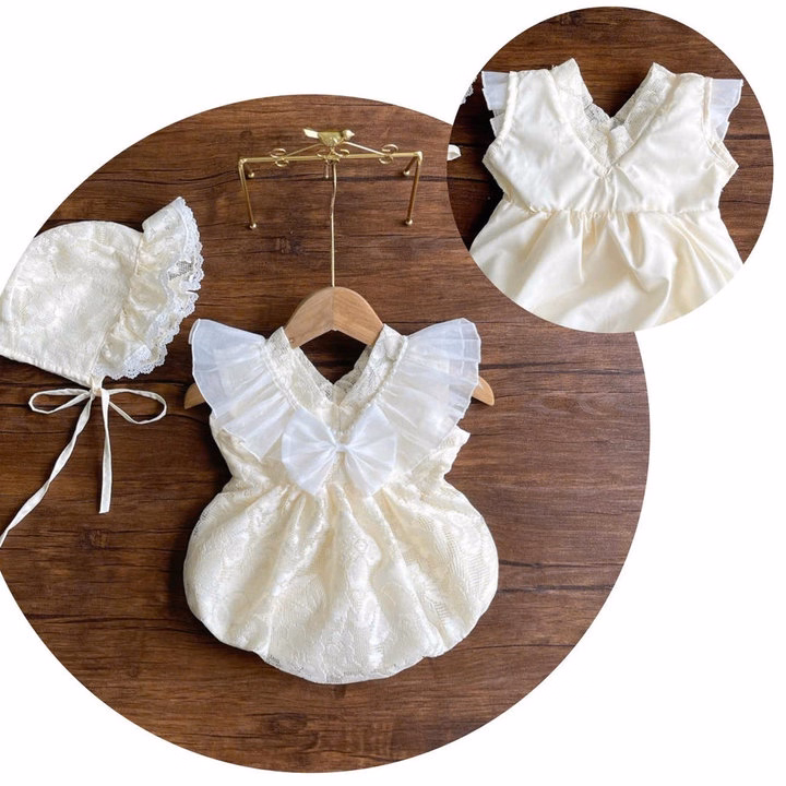 Set Body Ren Nơ Lưới Kèm Mũ Cột Dây Cho Bé Gái Sơ Sinh 1 2 Tuổi Từ 3-11Kg Dành Cho Bé Gái - Ảnh 2