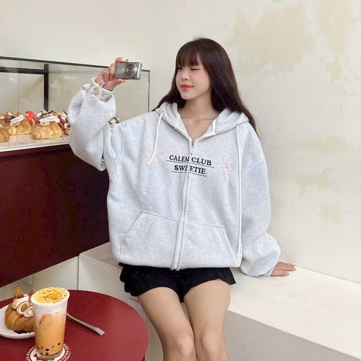 Áo Khoác Nỉ Hoodie Zip Thêu Nơ Clem Tay Phồng Form Rộng Gu82Lo- Sam Store - Ảnh 2