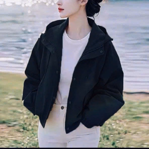 Áo Khoác Kaki Nữ Croptop Có Nón Thiết Kế Khóa Kéo Kèm Nút Bấm - Htm Fashion - Ảnh 4