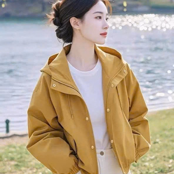 Áo Khoác Kaki Nữ Croptop Có Nón Thiết Kế Khóa Kéo Kèm Nút Bấm - Htm Fashion