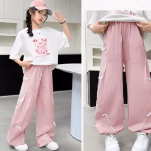 Set Bộ Đồ Bé Gái Áo Cotton In Nơ + Quần Dù Dài Dây Rút Viền Đính Nơ Từ 12-55Kg Dành Cho Bé Gái