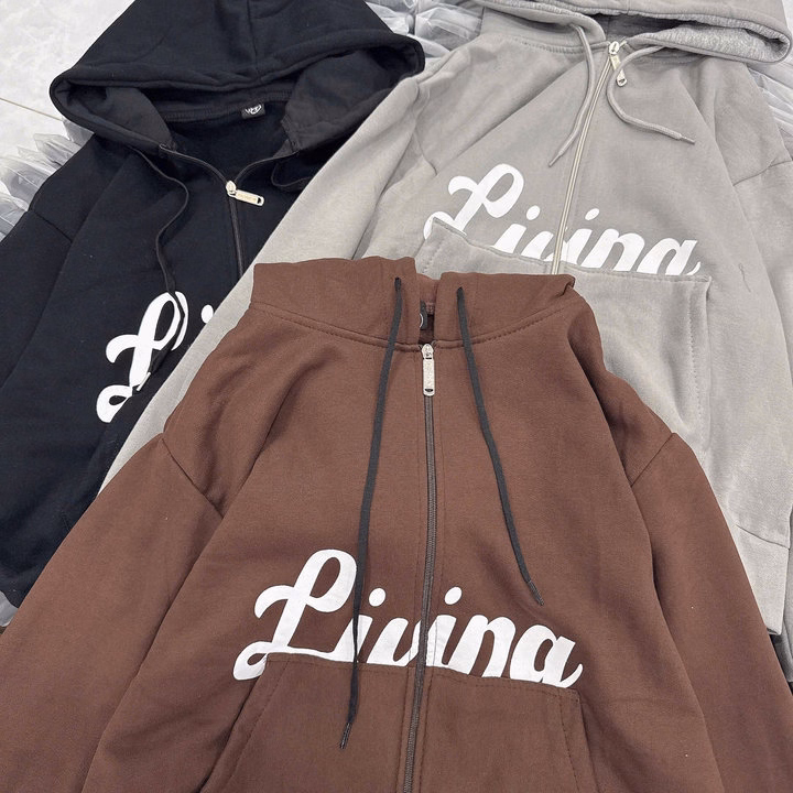 Áo Khoác Hoodie Nỉ Form Rộng Thiết Kế Khóa Kéo In Livina - Htm Fashion - Ảnh 5