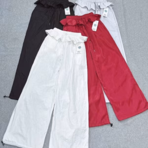 Quần Dài Ống Rộng Chất Dù Nhăn Gió Phối Bèo Ở Lưng Eo Co Giãn Có Dây Rút Hàng Đẹp