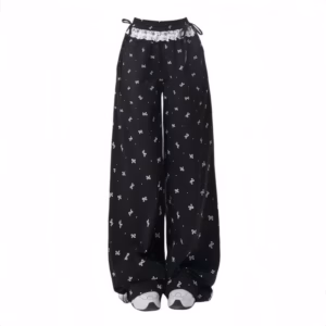 Quần Dài Ống Rộng Chất Dù Có Dây Rút Lai Phối Ren Ở Lưng Đính Nơ T652 Lưng Chun Unsiex Cho Nữ