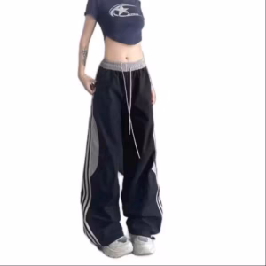 Quần Dài Ống Rộng Phối Viền Sọc Chất Dù Có Dây Rút Lai T652 Lưng Chun Unsiex Cho Nam Và Nữ