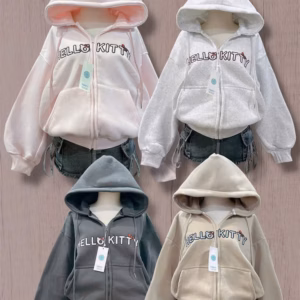 Áo Khoác Lửng Croptop Nỉ Dệt Xk Dày Thêu Hello Kitty Có Nón Unisex Khoá Zip Chống Nắng T952