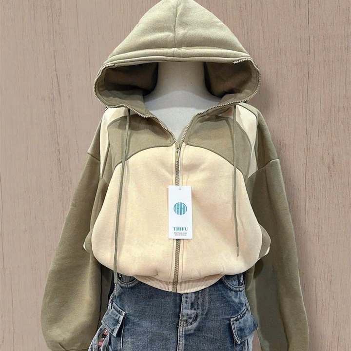 Áo Khoác Nỉ Dệt , Có Nón To Rộng , 4 Túi , Phối Màu Thân Trên Tay Xỏ Ngón ( 40-60Kg) Khoá Kéo Full - Ảnh 5