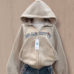 Áo Khoác Hoodie Nỉ Nữ Thiết Kế Khóa Kéo Thêu Chữ Hellokitty Có Túi Trong Mẫu Mới - Htm Fashion