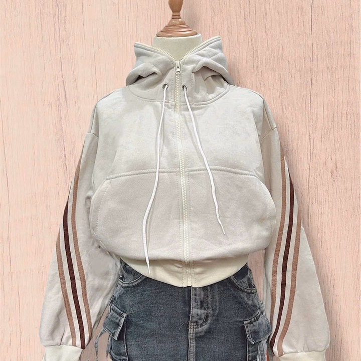 Áo Khoác Nỉ Nữ Form Lửng Cổ Cao Phối Viền Xéo Tay Xỏ Ngón Mặc Chống Nắng Tp10 - Ảnh 5