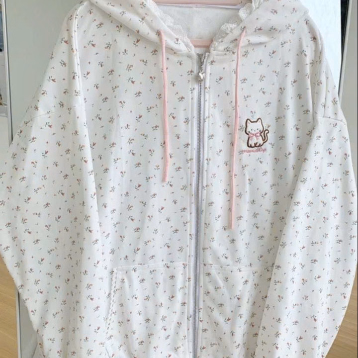 Áo Khoác Nam Nữ Nỉ Bông Dày Dặn Phối Hình Mèo Hoa Dễ Thương , Có Túi Trong , Dây Kéo Phao Nón Bèo T807 - Ảnh 4