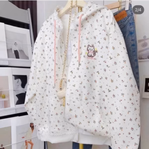 Áo Khoác Vải Nỉ Phối Ren Mũ Và Bo Chun In Hoa Toàn Bộ Thêu Mèo Chống Nắng Tốt Tp63 - Golden Dream