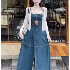 Đầm Denim 2 Dây Dáng Dài Xẻ Tà Kèm Áo Khoác Len Ren Tb125Mg-Nana House
