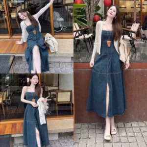 Đầm Denim 2 Dây Dáng Dài Xẻ Tà Kèm Áo Khoác Len Ren Bt125Lc-Sam Store