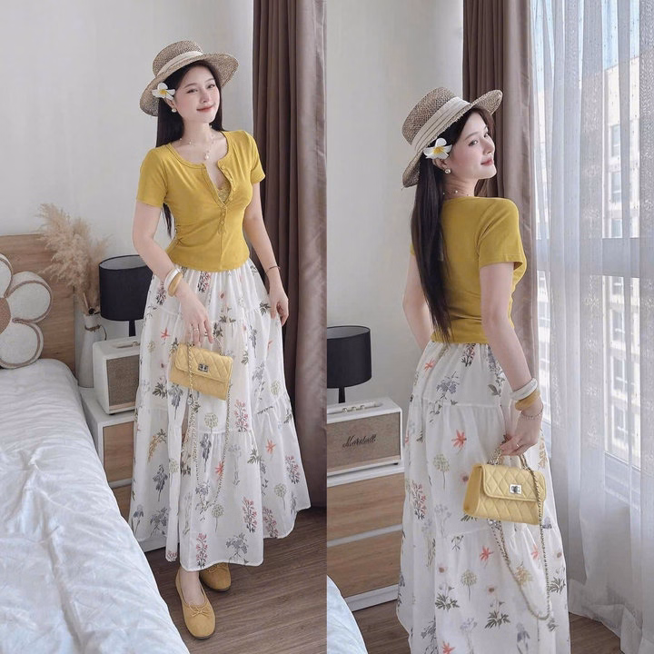 Set Áo Thun Tăm Lạnh Mix Chân Váy Đũi Hoa Bt105Oi-Sam Store - Ảnh 3
