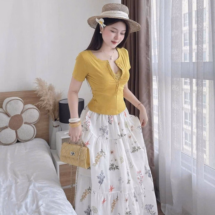 Set Áo Thun Tăm Lạnh Mix Chân Váy Đũi Hoa Bt105Oi-Sam Store - Ảnh 2