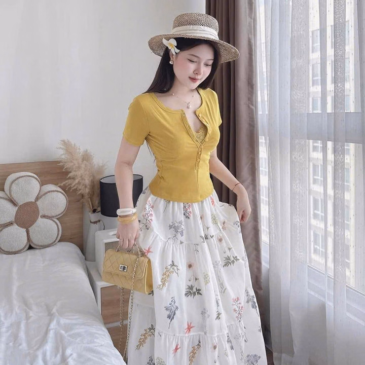 Set Áo Thun Tăm Lạnh Mix Chân Váy Đũi Hoa Tb105Gd-Nana House - Ảnh 4
