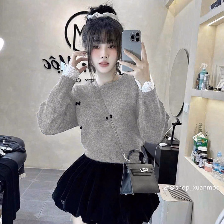 Set Áo Thun Tăm Phối Ren Đính Nơ Mix Chân Váy Bí Nhung 2 Lớp Tb105Jd-Nana House