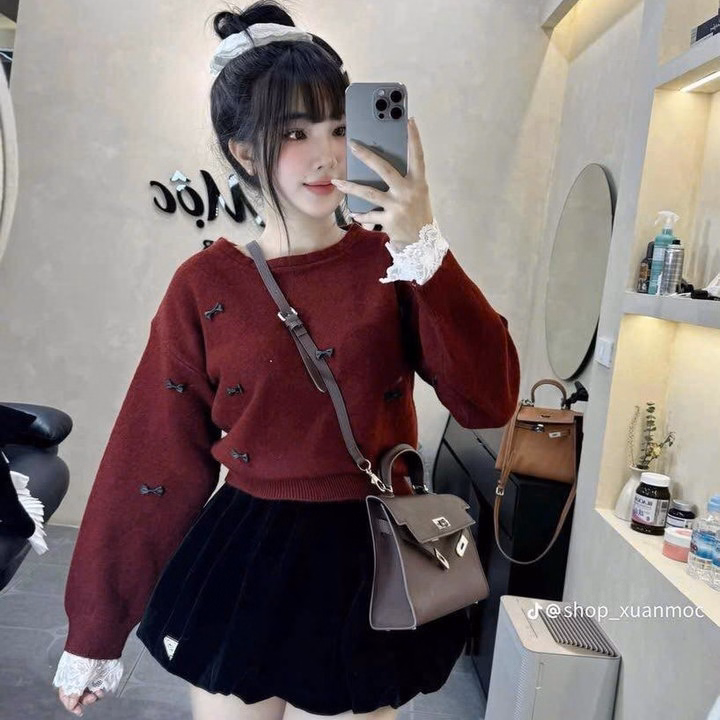 Set Áo Thun Tăm Phối Ren Đính Nơ Mix Chân Váy Bí Nhung 2 Lớp Tb105Jd-Nana House - Ảnh 2