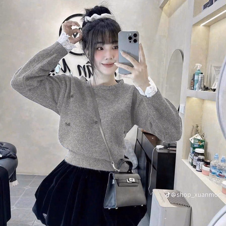 Set Áo Thun Tăm Phối Ren Đính Nơ Mix Chân Váy Bí Nhung 2 Lớp Tb105Jd-Nana House - Ảnh 3