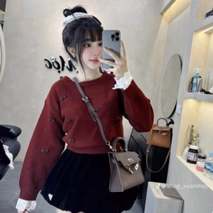 Set Áo Thun Tăm Phối Ren Đính Nơ Mix Chân Váy Bí Nhung 2 Lớp Bt105Ks-Sam Store