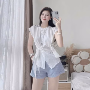 Set Áo Sơ Mi Đũi Tay Hến Cột Eo Mix Quần Sọc Kaki Bt112Ud-Sam Store