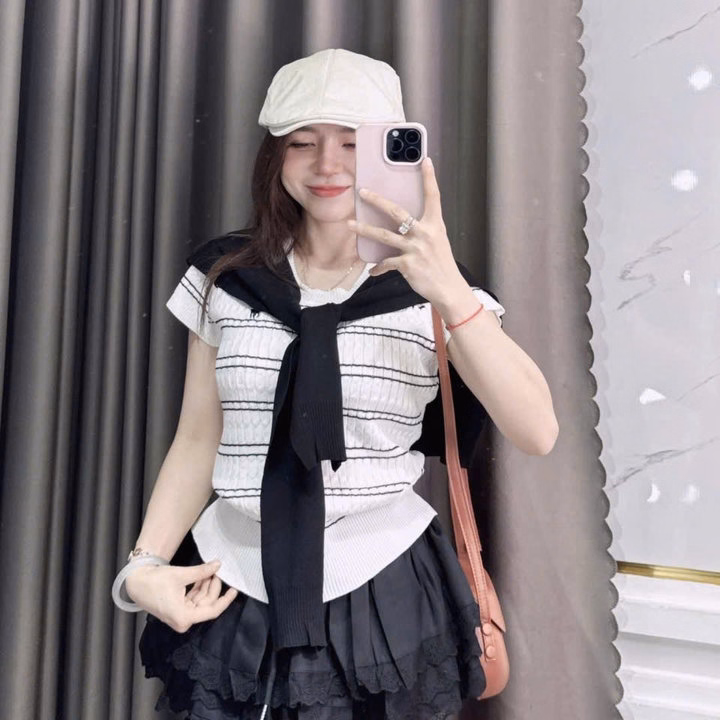 Áo Dệt Kim Cổ Tròn Cộc Tay Tặng Kèm Khăn Thời Trang- Chipxinhxk - Ảnh 3