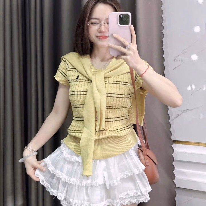 Áo Dệt Kim Cổ Tròn Cộc Tay Tặng Kèm Khăn Thời Trang- Chipxinhxk - Ảnh 2