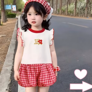 Set Đồ Bé Gái Tay Cánh Tiên Áo Thun Cotton Thêu Hoa Kèm Quần Bí Caro Xốp Đính Nơ Xinh Xắn Từ 8-30Kg Dành Cho Bé Gái