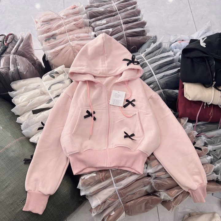 Áo Khoác Hoodie Nỉ Croptop Nữ Đính Nhiều Nơ Có Nón - Htm Fashion