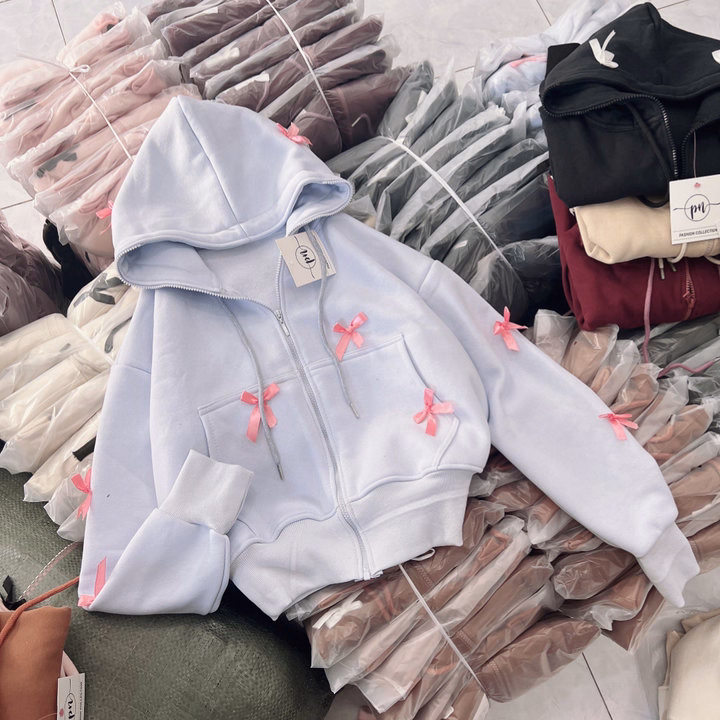 Áo Khoác Hoodie Nỉ Croptop Nữ Đính Nhiều Nơ Có Nón - Htm Fashion - Ảnh 8