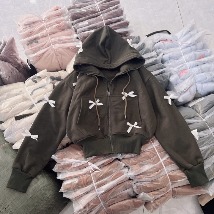 Áo Khoác Hoodie Nỉ Croptop Nữ Đính Nhiều Nơ Có Nón - Htm Fashion - Ảnh 10