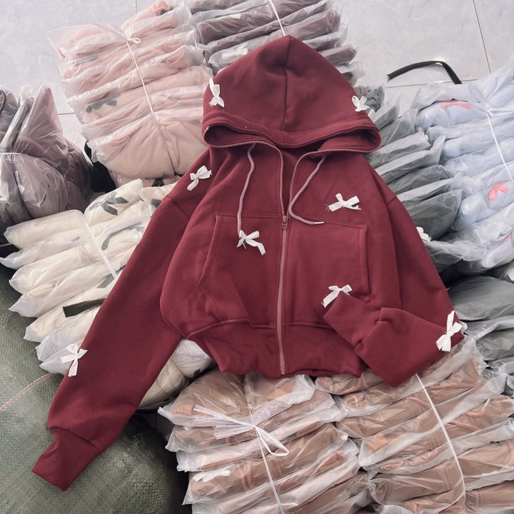 Áo Khoác Hoodie Nỉ Croptop Nữ Đính Nhiều Nơ Có Nón - Htm Fashion - Ảnh 7
