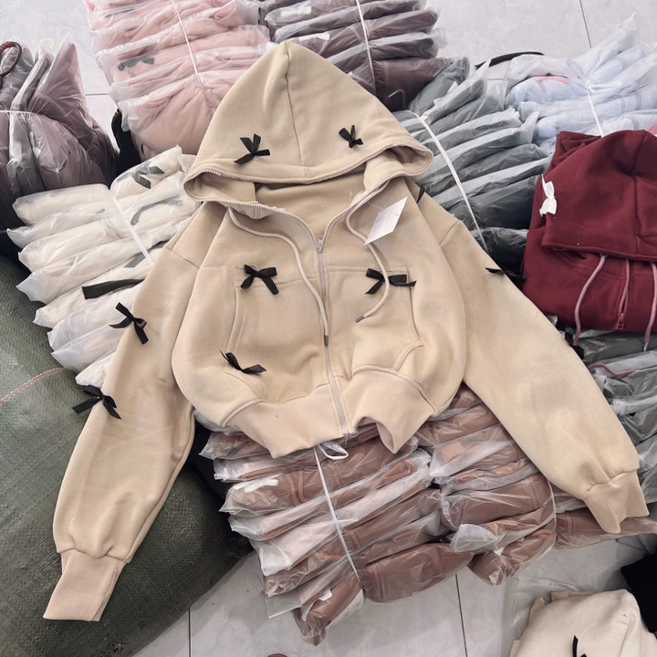 Áo Khoác Hoodie Nỉ Croptop Nữ Đính Nhiều Nơ Có Nón - Htm Fashion - Ảnh 9