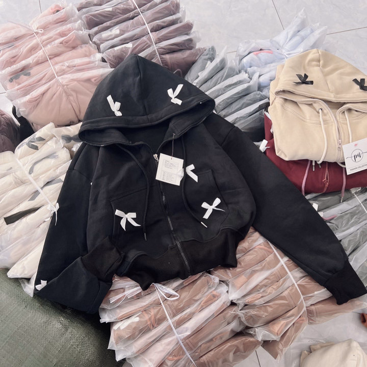 Áo Khoác Hoodie Nỉ Croptop Nữ Đính Nhiều Nơ Có Nón - Htm Fashion - Ảnh 15