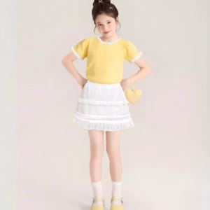Set Áo Thun Gân Viền Ren Mix Chân Váy Xòe Bé Gái Dễ Thương Từ 12-36Kg Dành Cho Bé Gái