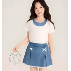 Quần Giả Váy Jean Bé Gái Xếp Ly Đính 2 Nơ Viền Ren Dễ Thương 12-45Kg Dành Cho Bé Gái