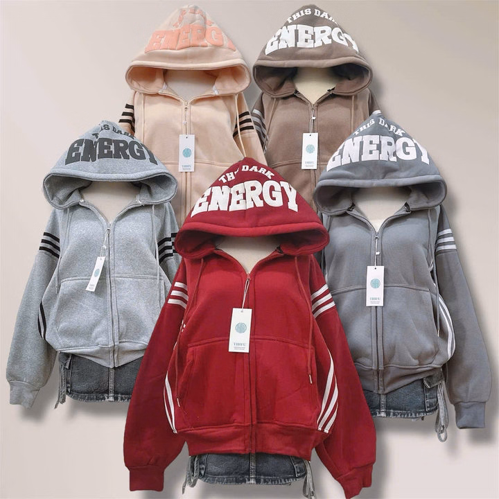 Áo Khoác Nỉ Dệt Energy Mới Về Form Lửng Cổ Cao Nữ, Bo Lưng Chun Co Giãn Thoải Mái 4 Túi Mặc Đẹp