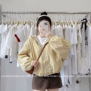 Áo Khoác Dù Gó Nhăn Nữ Có Nón Thiết Kế 2 Túi Trước Có Khóa Kéo - Htm Fashion