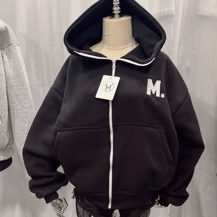 Áo Khoác Nỉ Form Rộng Nữ Có Nón In Chữ M Thiết Kế Khóa Kéo Cao - Htm Fashion
