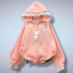 Áo Khoác Hoodie Nỉ Nữ Có Nón Thiết Kế Tay Và Nón Phối Ren In Chữ B - Htm Fashion